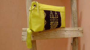 Open image in slideshow, ATISSA Smooth Leather &amp; Organic Wool Kilim Moroccan Handcrafted Tassel Clutch
